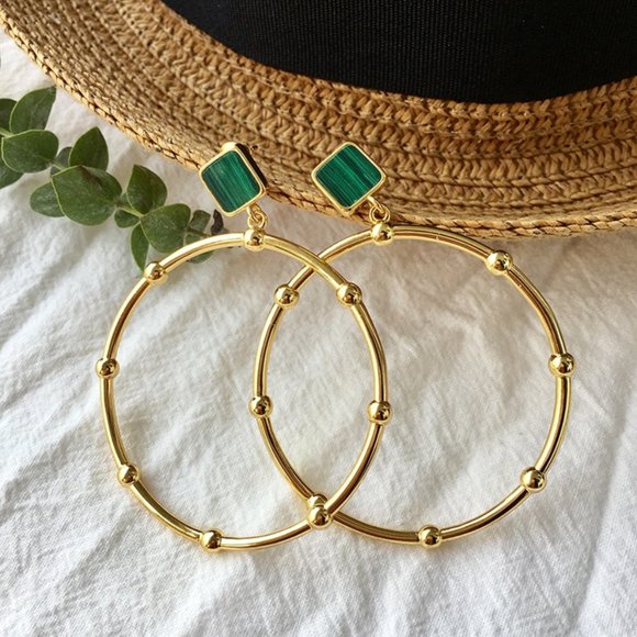 14K Gold Plated Brass Green Malachite Earrings - Picture 10 of 12